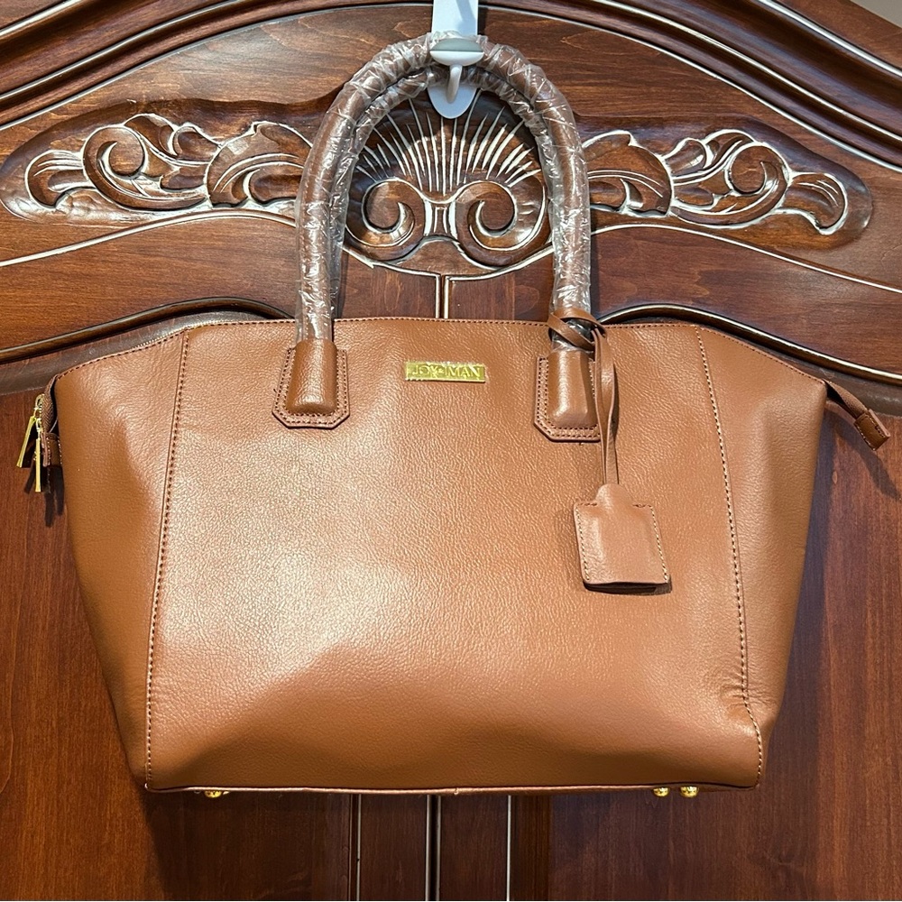 NWT Joy & Iman Cognac Genuine Leather Handbag
